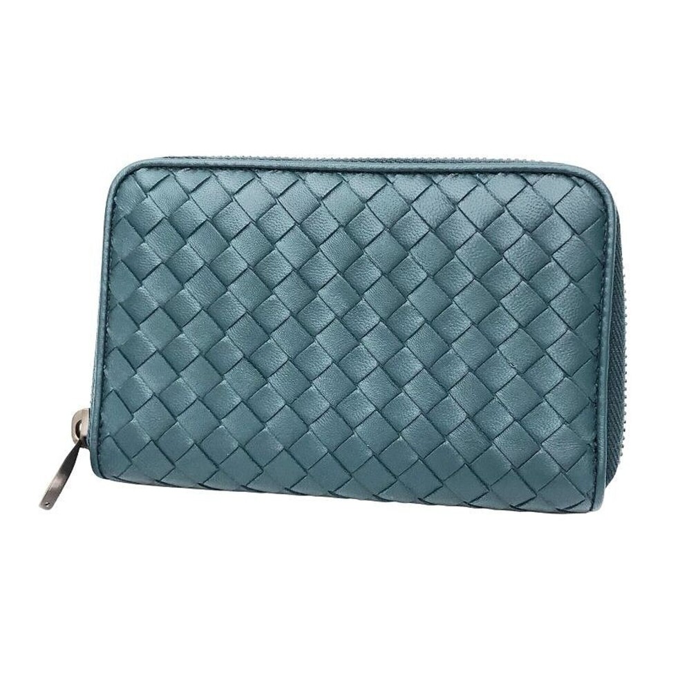 Bottega Veneta Intrecciato Leather Medium Round Folding Wallet, Blue-Green